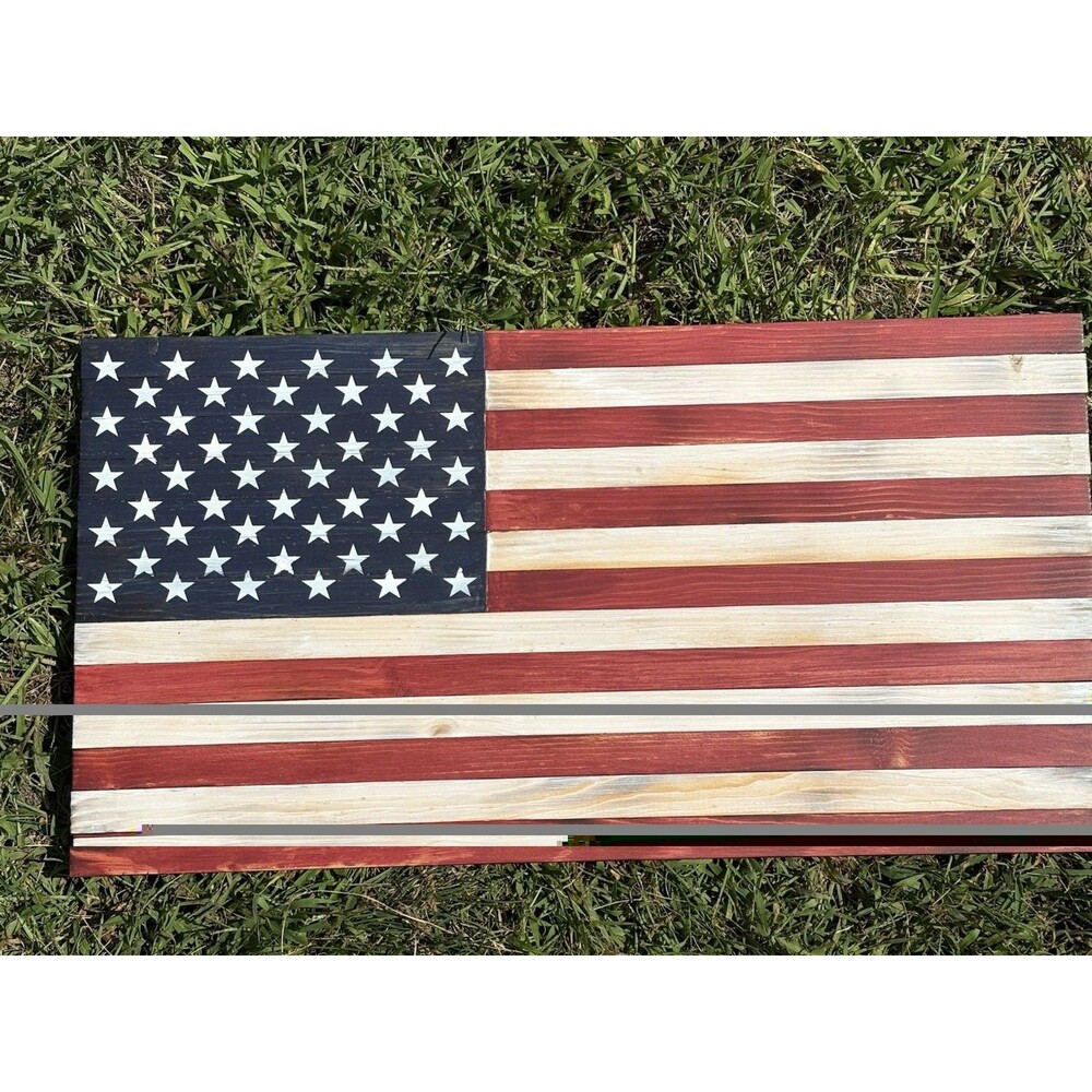 Handmade Rustic Wooden American Flag 25” Hand Painted Burned Signed Wall Art